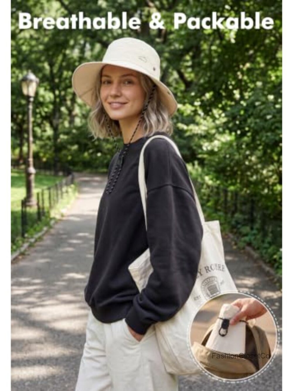UPF 50+ Wide Brim Sun Hat with Ponytail Hole - Packable Bucket Hat for Hiking - Picture 5 of 6